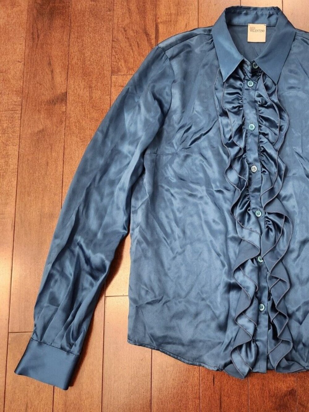 Red Valentino women's long sleeve teal button up silk blouse